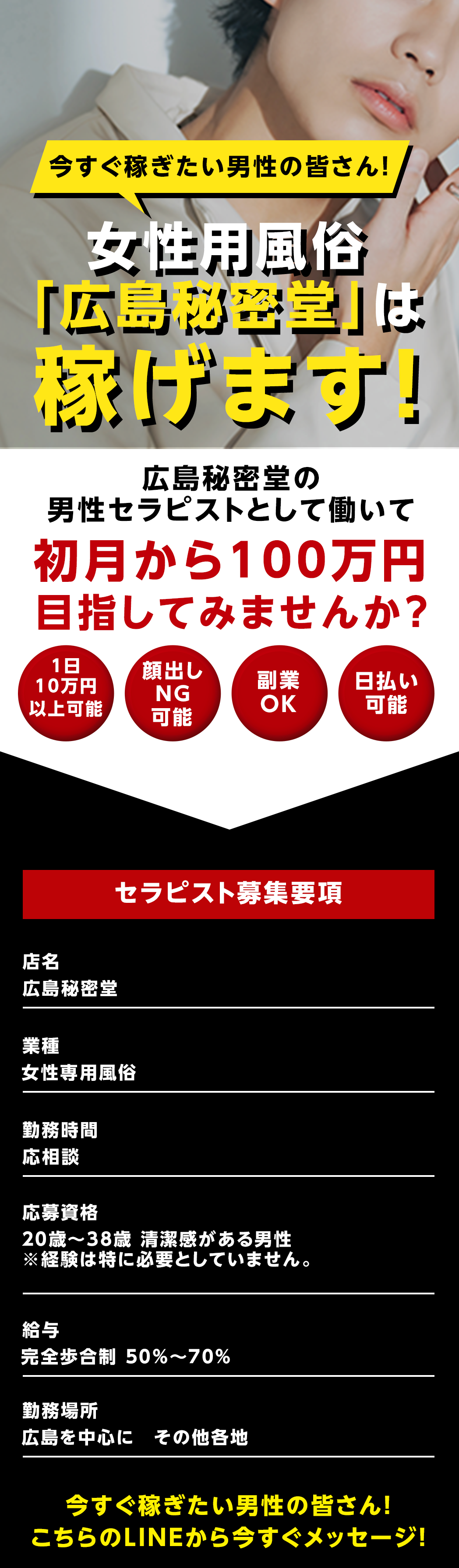 男性セラピスト募集。広島の女性専用風俗「秘密堂」は稼げます。